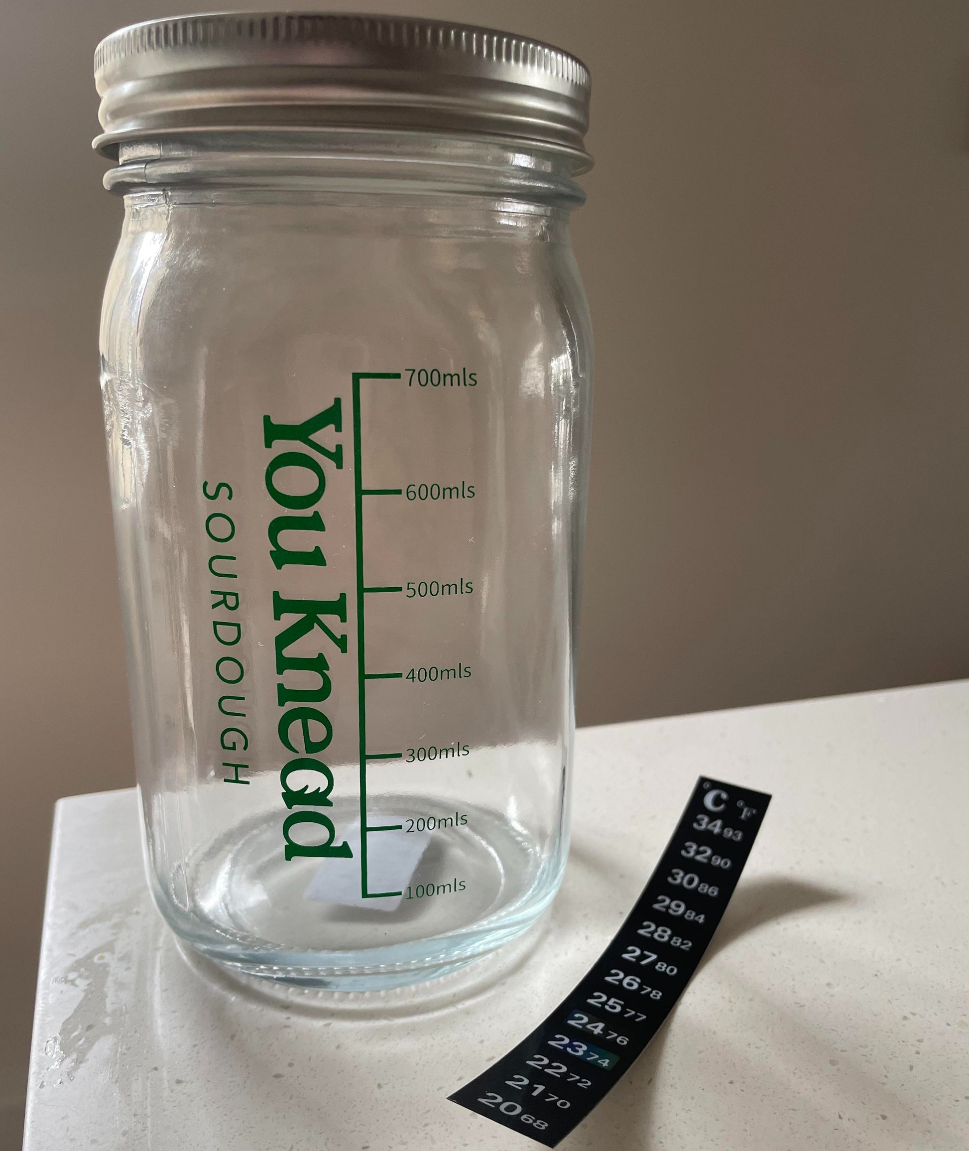 Sourdough starter jar with thermal temperature sticker you knead